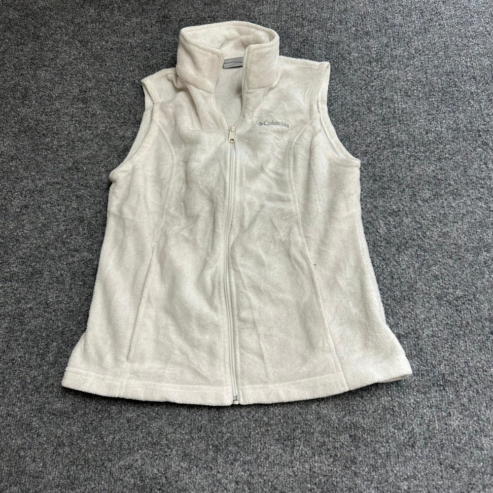 Columbia Fleece Vest Womens Size S Cream White Full Zip Soft Outdoor Layer Flaw